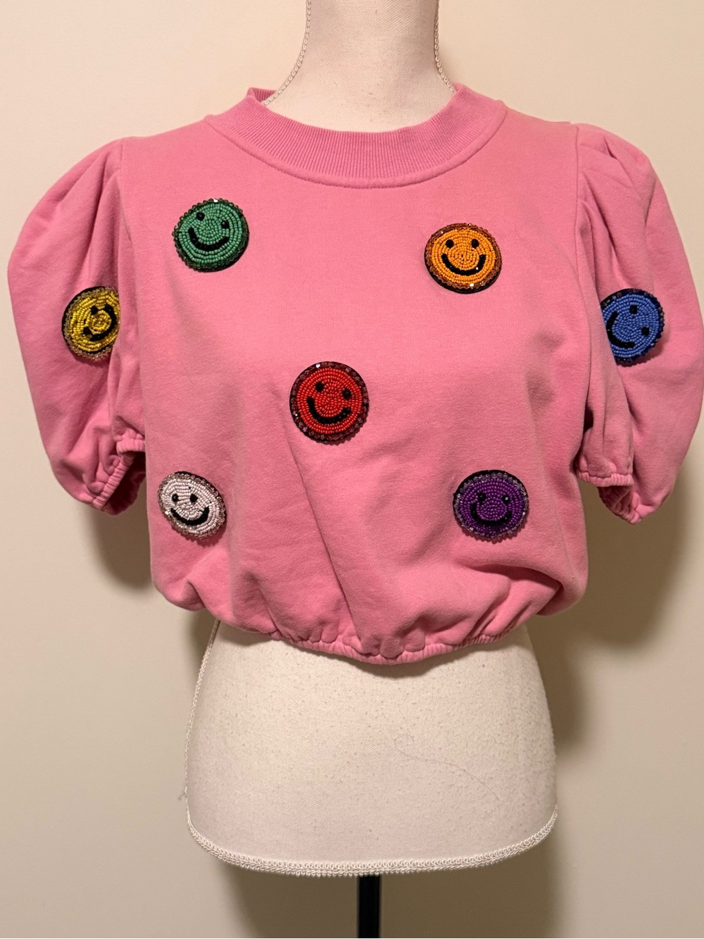 Queen of Sparkles Pink Beaded Smiley Face Sweater